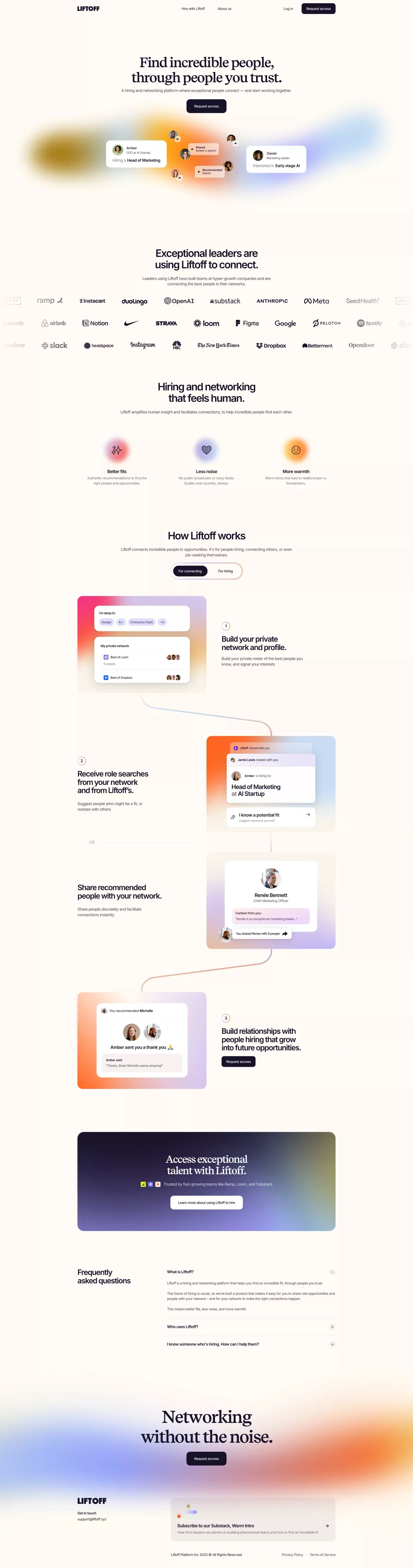 Liftoff landing page screenshot showcasing HR and Tech design