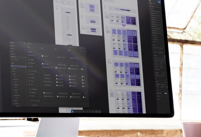 A computer monitor displays a user interface design program with various wireframes and settings panels, showcasing creative branding elements woven into the storytelling of the digital workspace.