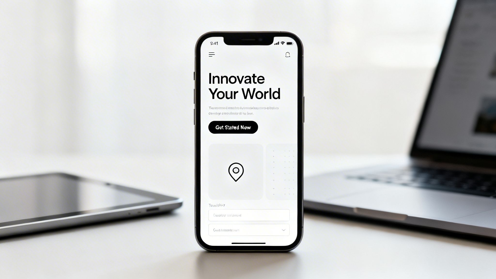 A smartphone displays a clean landing page with 'Innovate Your World' headline and a 'Get Started Now' button.