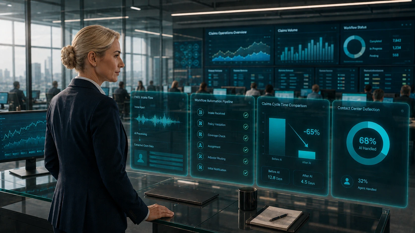 Businesswoman reviewing AI-powered insurance claims operations dashboard in a modern enterprise control center, with holographic analytics displaying FNOL intake, workflow automation, claims cycle time reduction, and contact center performance while a live claims operations team monitors real-time metrics in the background.