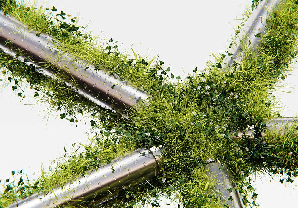 Hybrid digital-organic structure representing generative systems and XR workflows.