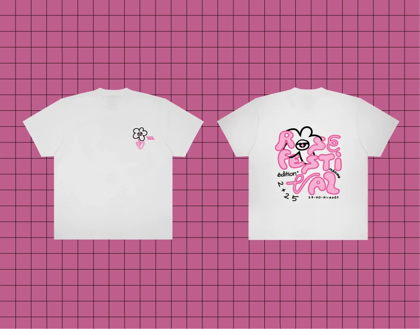tee shirt vue de face et de derrière composé d'un motif imprimé rose, noir et blanc