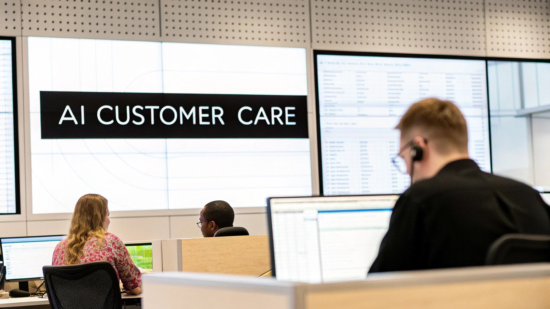 Call center agents working at computers, with a large screen displaying 'AI CUSTOMER CARE'.