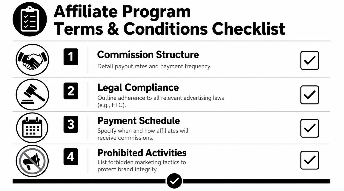 A checklist for creating affiliate program terms and conditions, outlining key sections like commission structure and compliance.