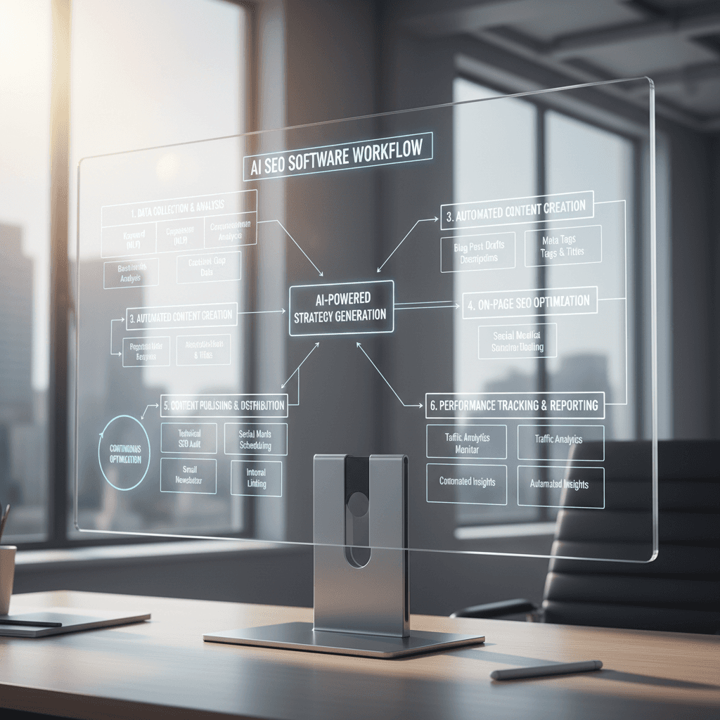 AI SEO software workflow diagram showing automated optimization processes