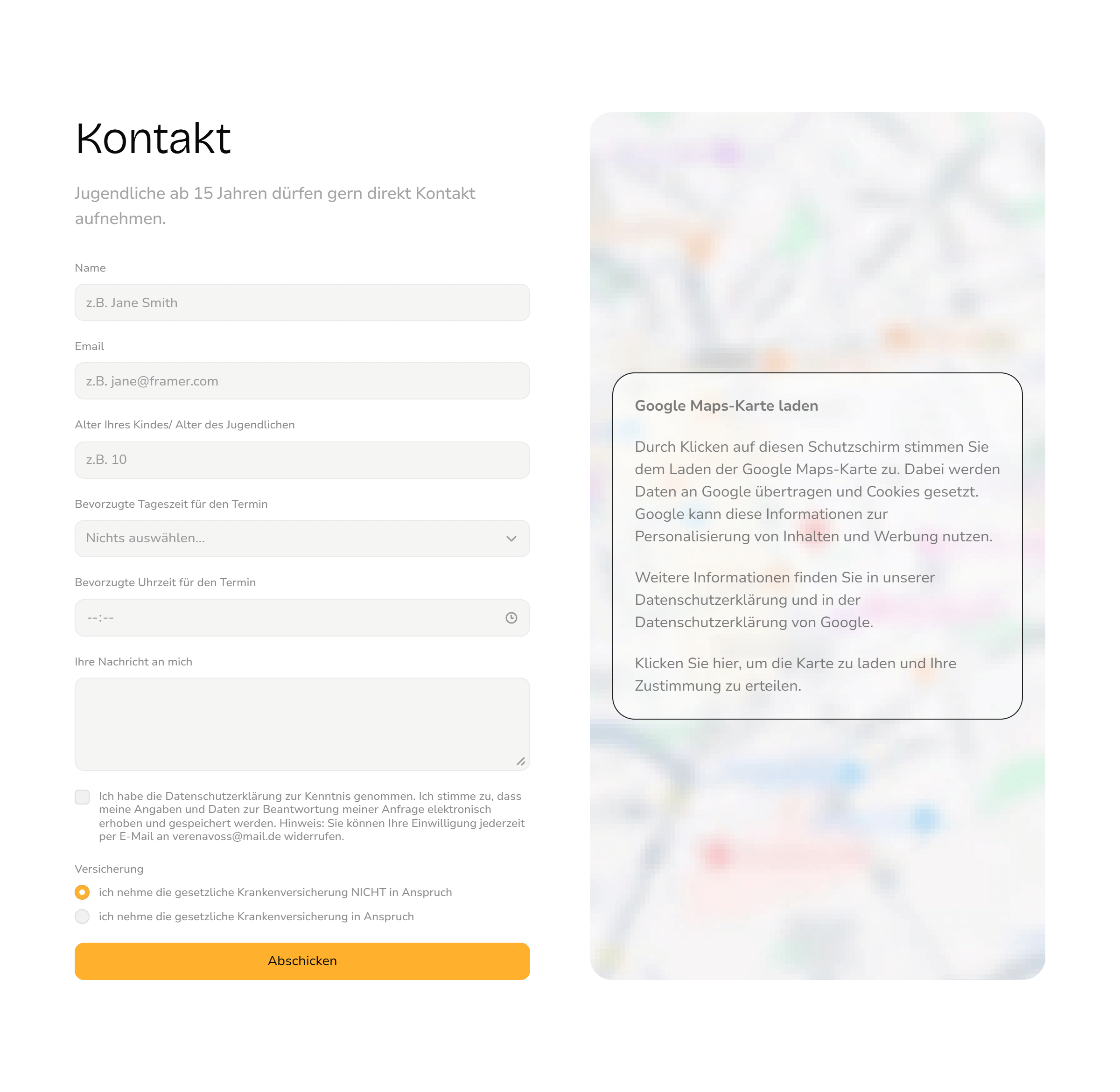 Das Kontaktformular der Website von Verena Voß (KJP Krefeld)