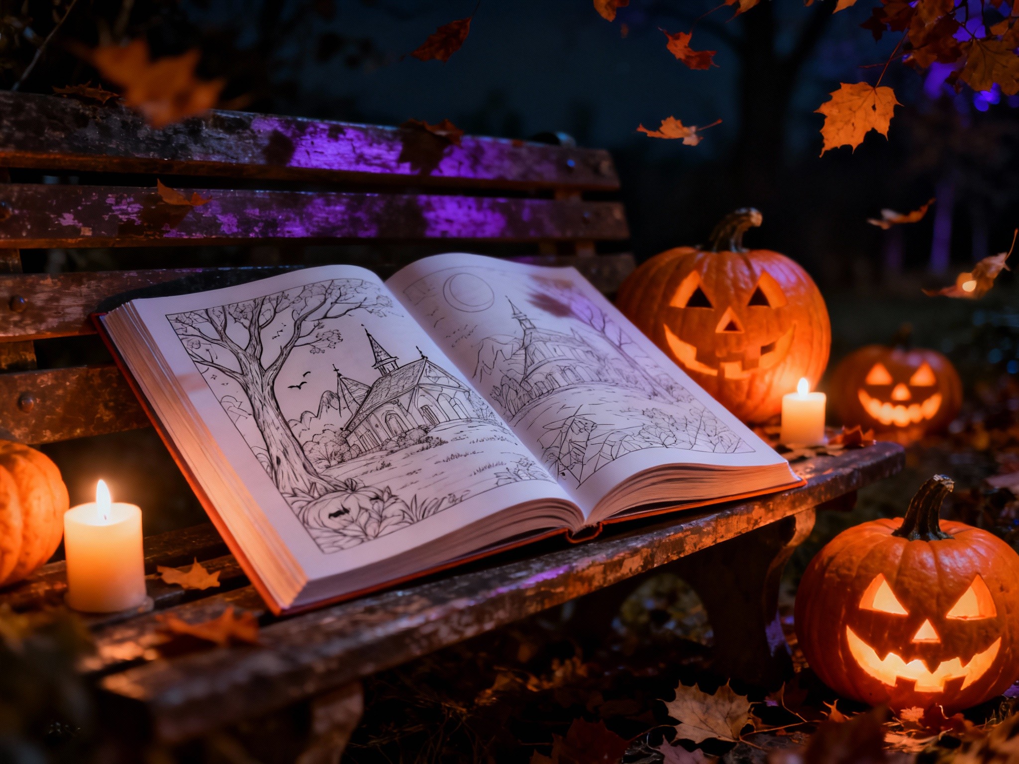 A cinematic composition of an eerie outdoor Halloween night setting with a large coloring book open