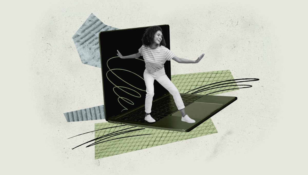 Stylized collage of a person standing on a laptop, symbolizing sourcing and hiring engineers on GitHub.