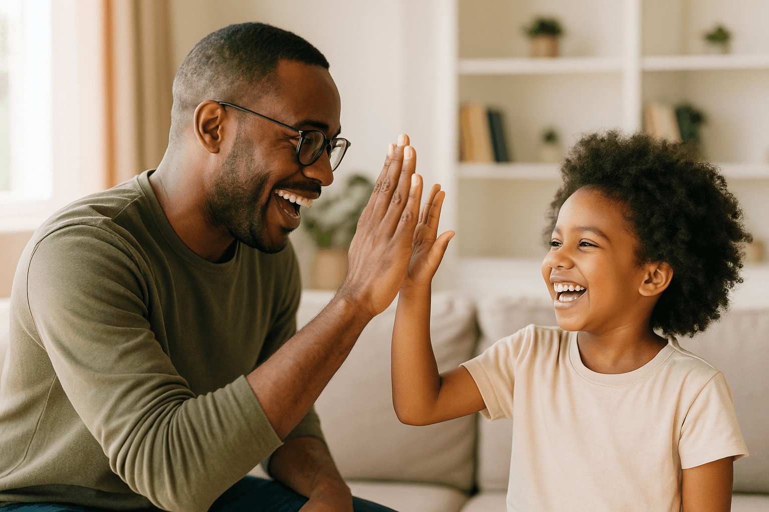 Photo of parent and child high-fiving after successful social interaction