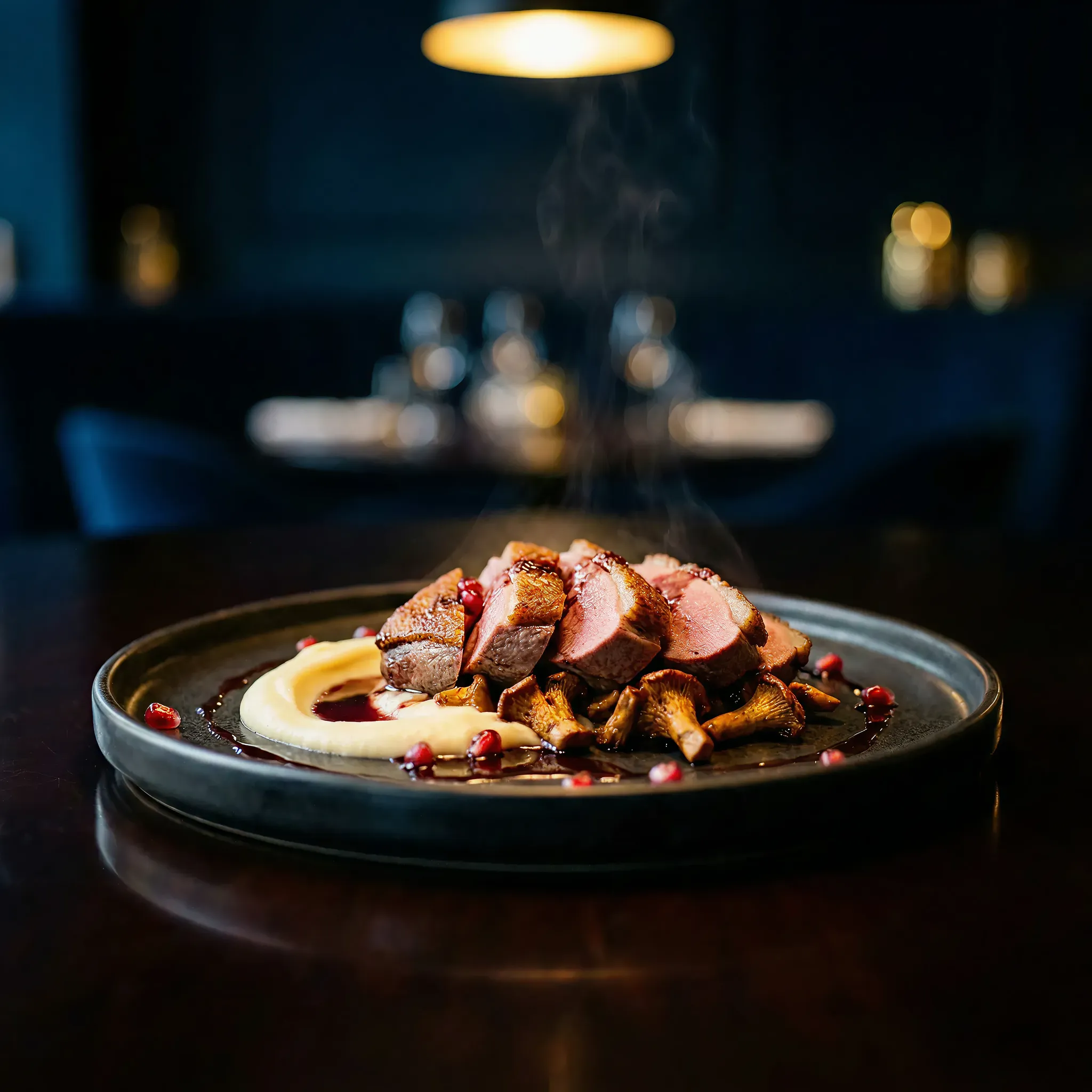 Succulent slices of steak atop wild mushrooms with creamy puree and pomegranate seeds on a dark plate. A warm, elegant dining setting in soft focus.