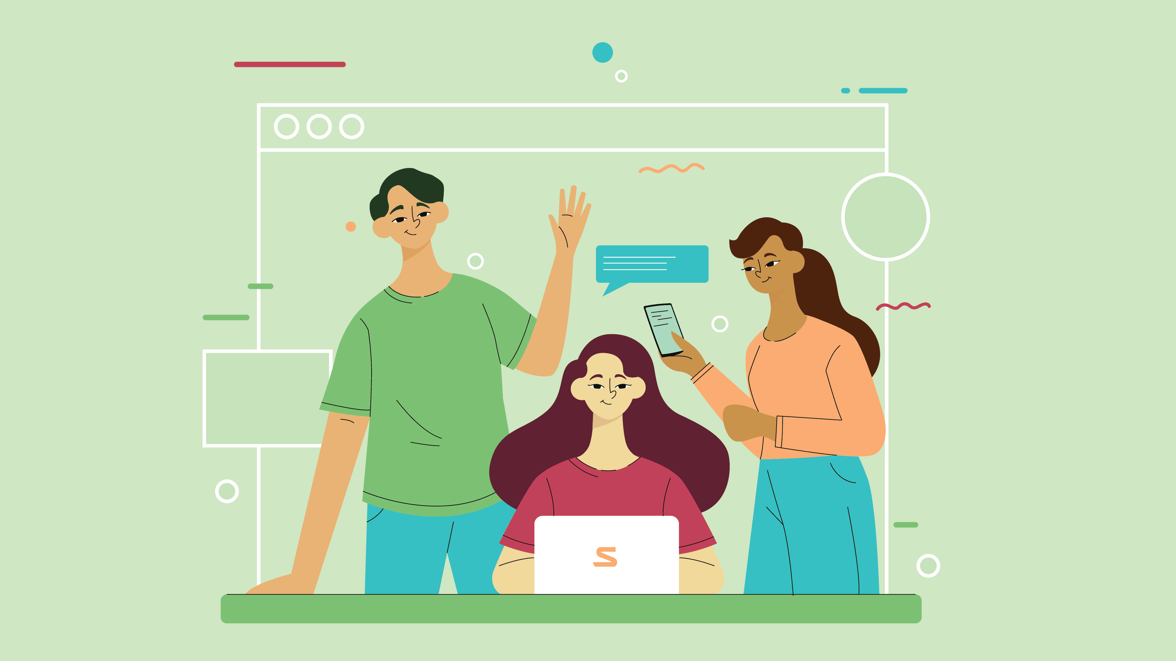 Illustration of three people in front of a browser window outline. One person sits at a laptop with an “S” on it. Another waves, and the third holds a phone with a message icon above it.