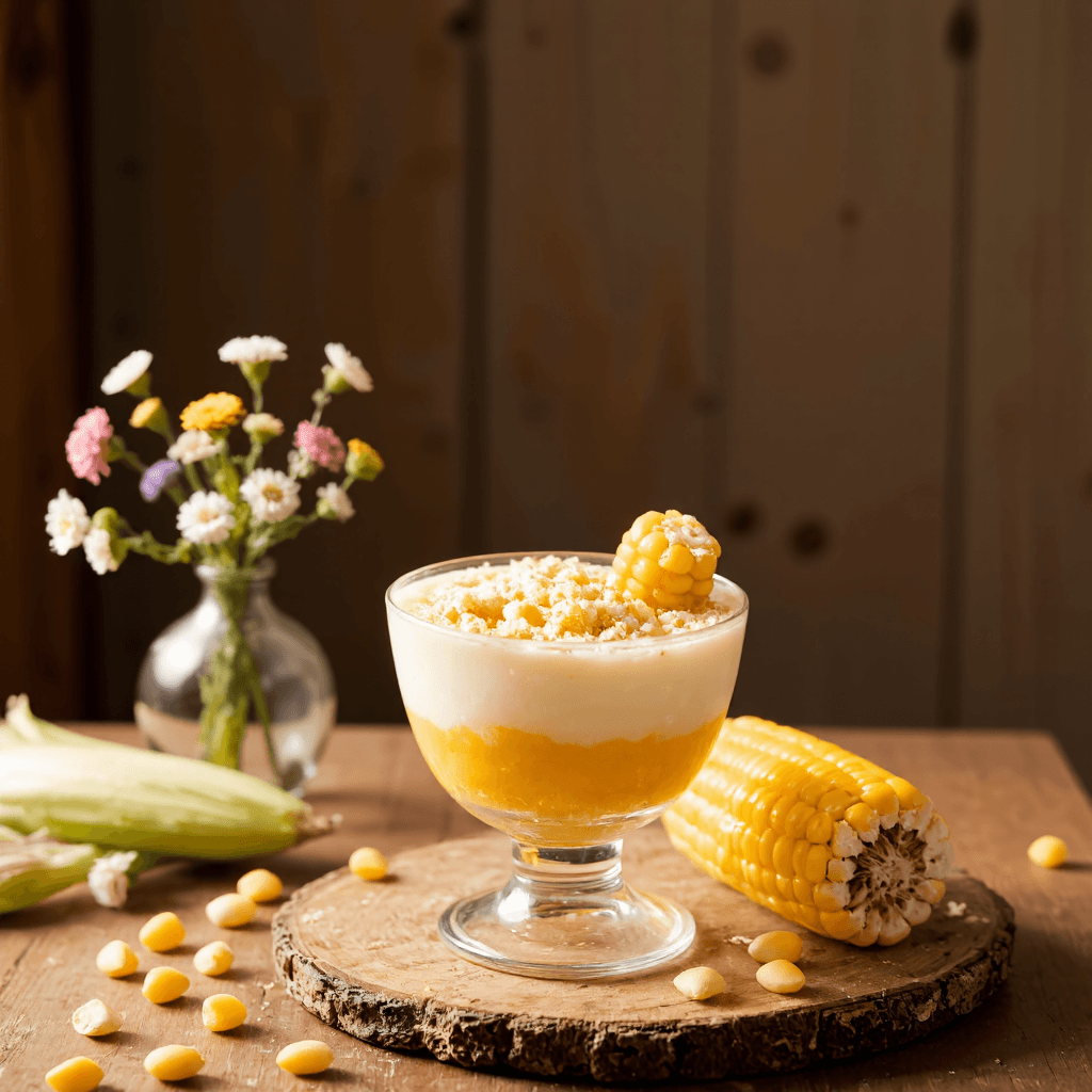 product photography of a cup of corn dessert with cream and crumbled topping