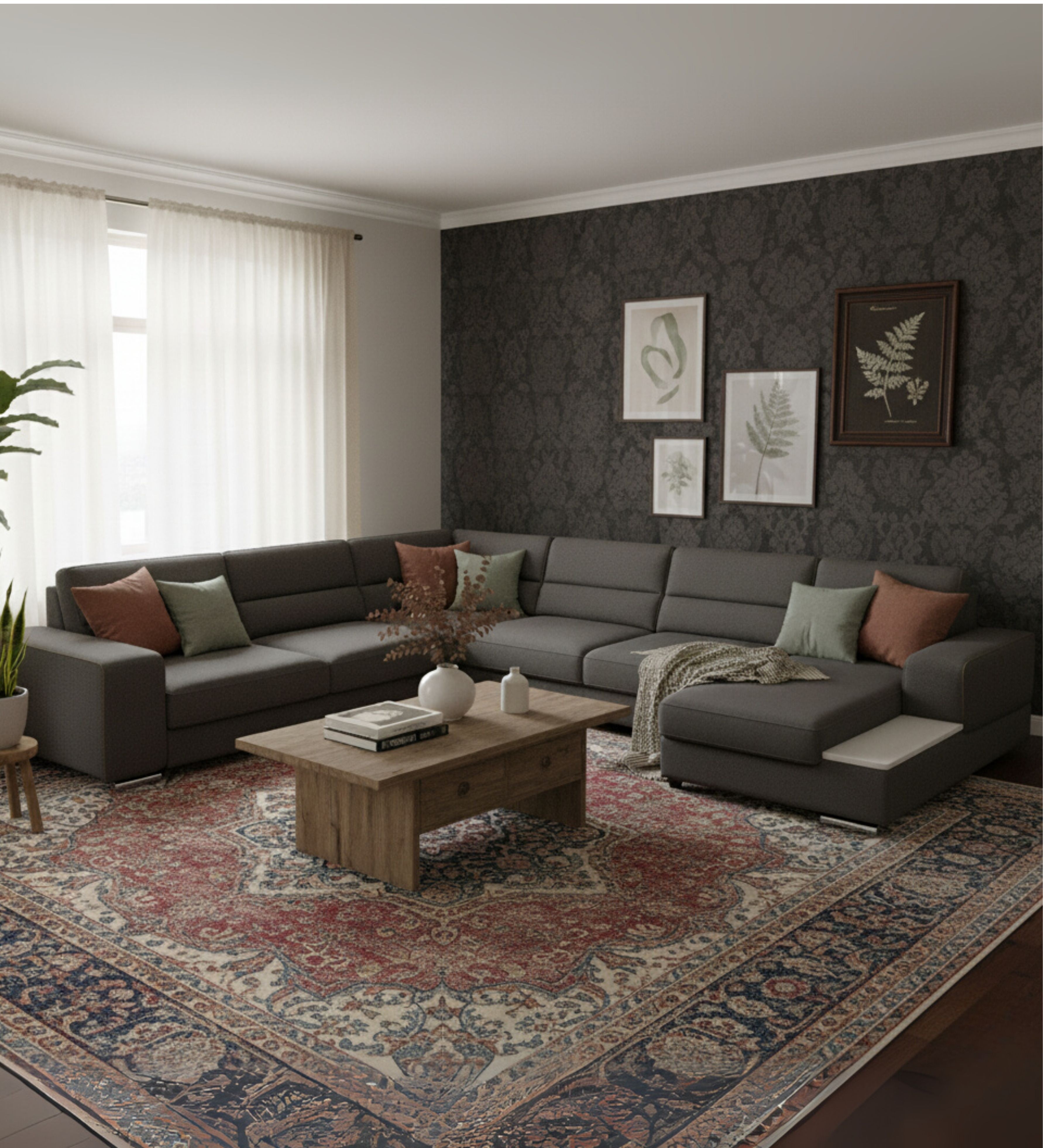 Modular sectional sofa with broad seating and layered accent cushions