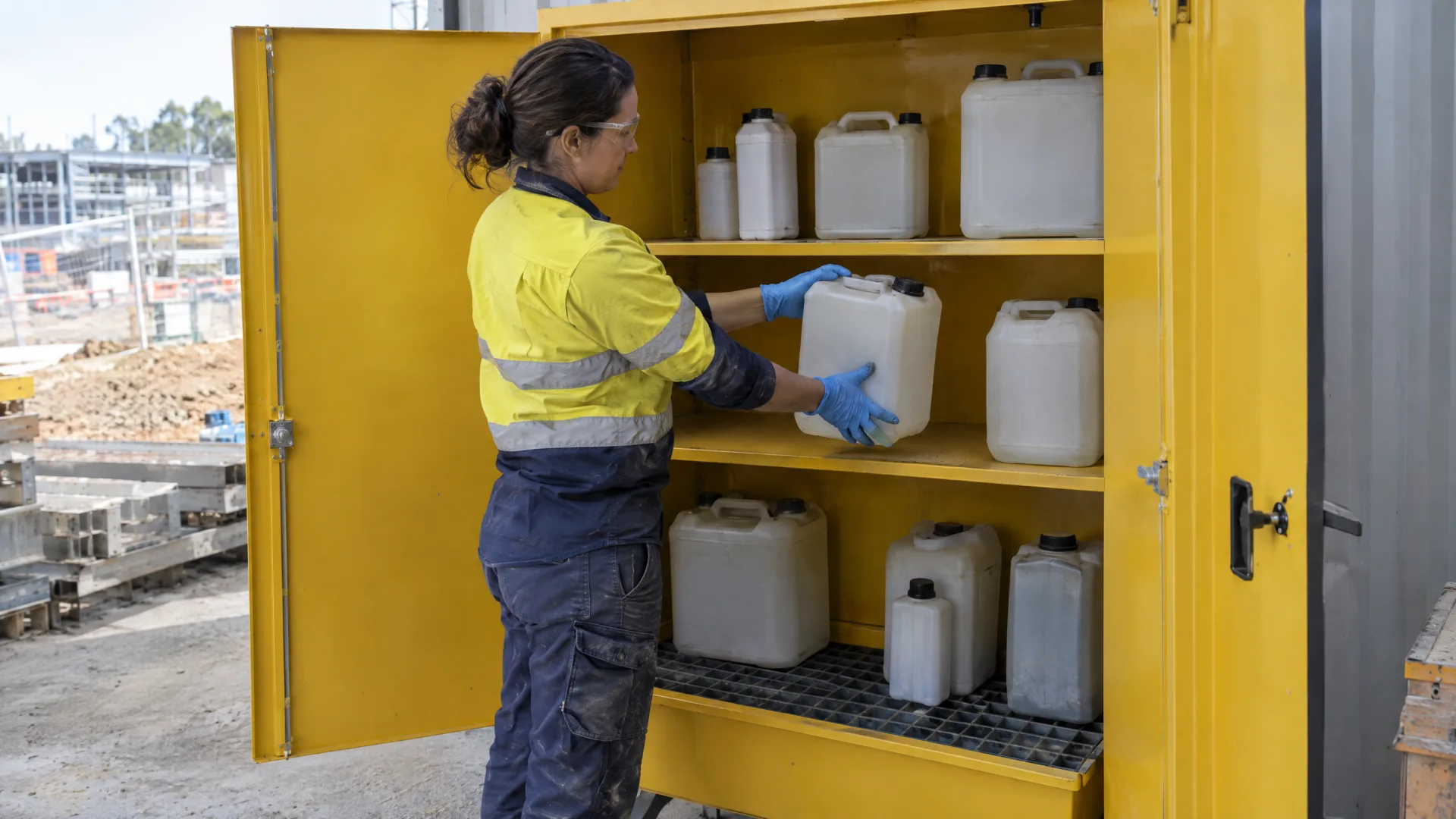Worker in nitrile gloves taking a container from a hazardous substances cabinet in the site store