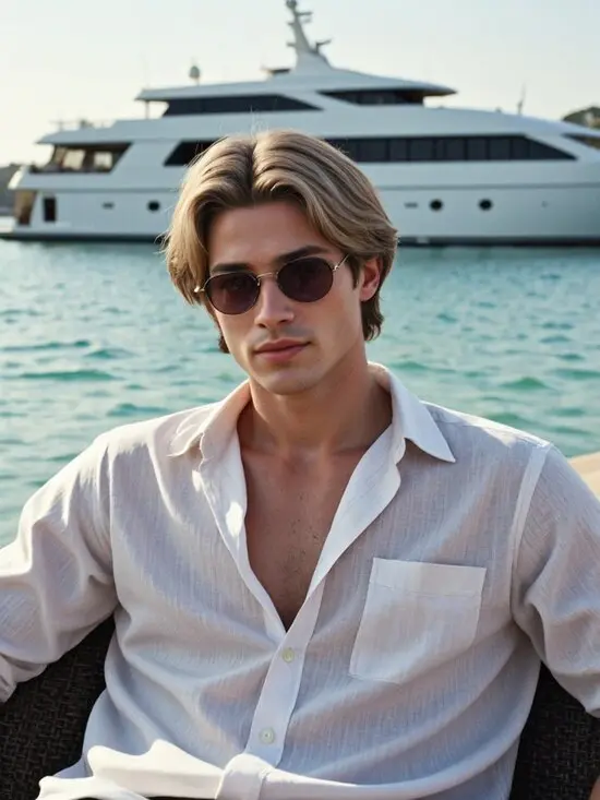 Wealthy beachside guy enjoying vacation vibes, generated by ai money generator.