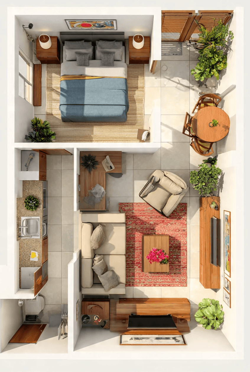 A cozy apartment layout with a bedroom featuring a double bed and two nightstands. A living room has a sofa, armchair, TV, and red rug. A kitchen and dining area with a round table and plants enhance the space's modern, inviting feel.