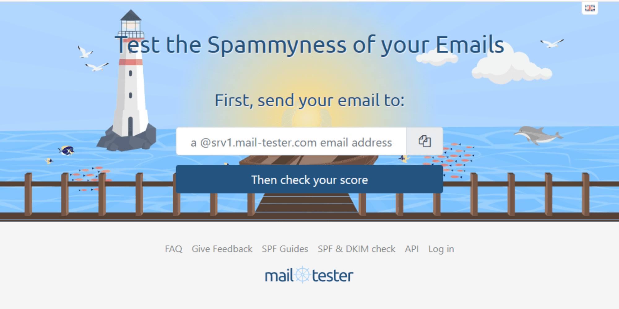 "Screenshot of the MailTester homepage featuring a lighthouse graphic and text prompting users to send an email for a spam score test."