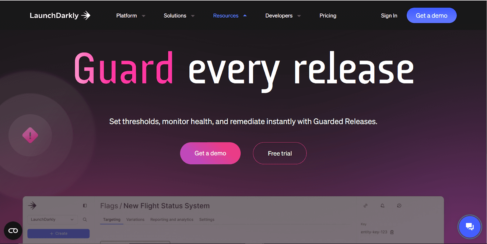 LaunchDarkly platform promoting guarded releases for monitoring and instant remediation.