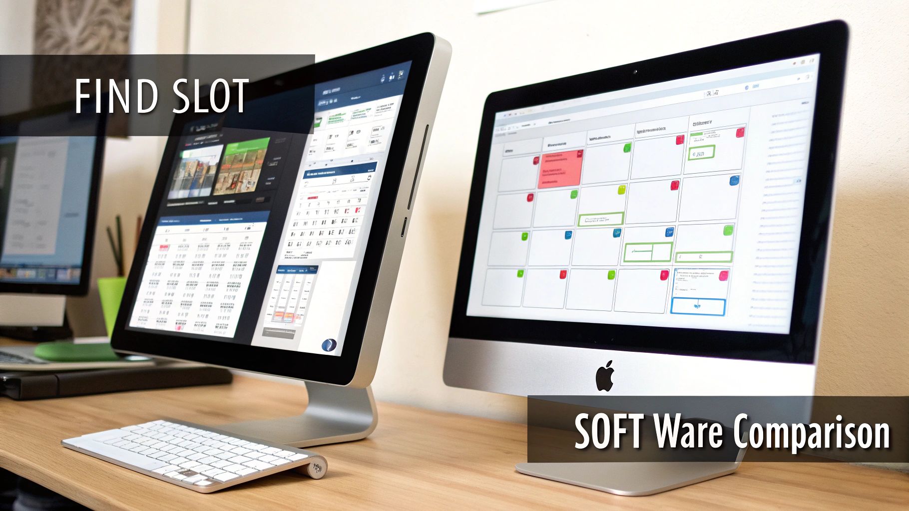 Two iMac computers on a wooden desk displaying scheduling software, with 
