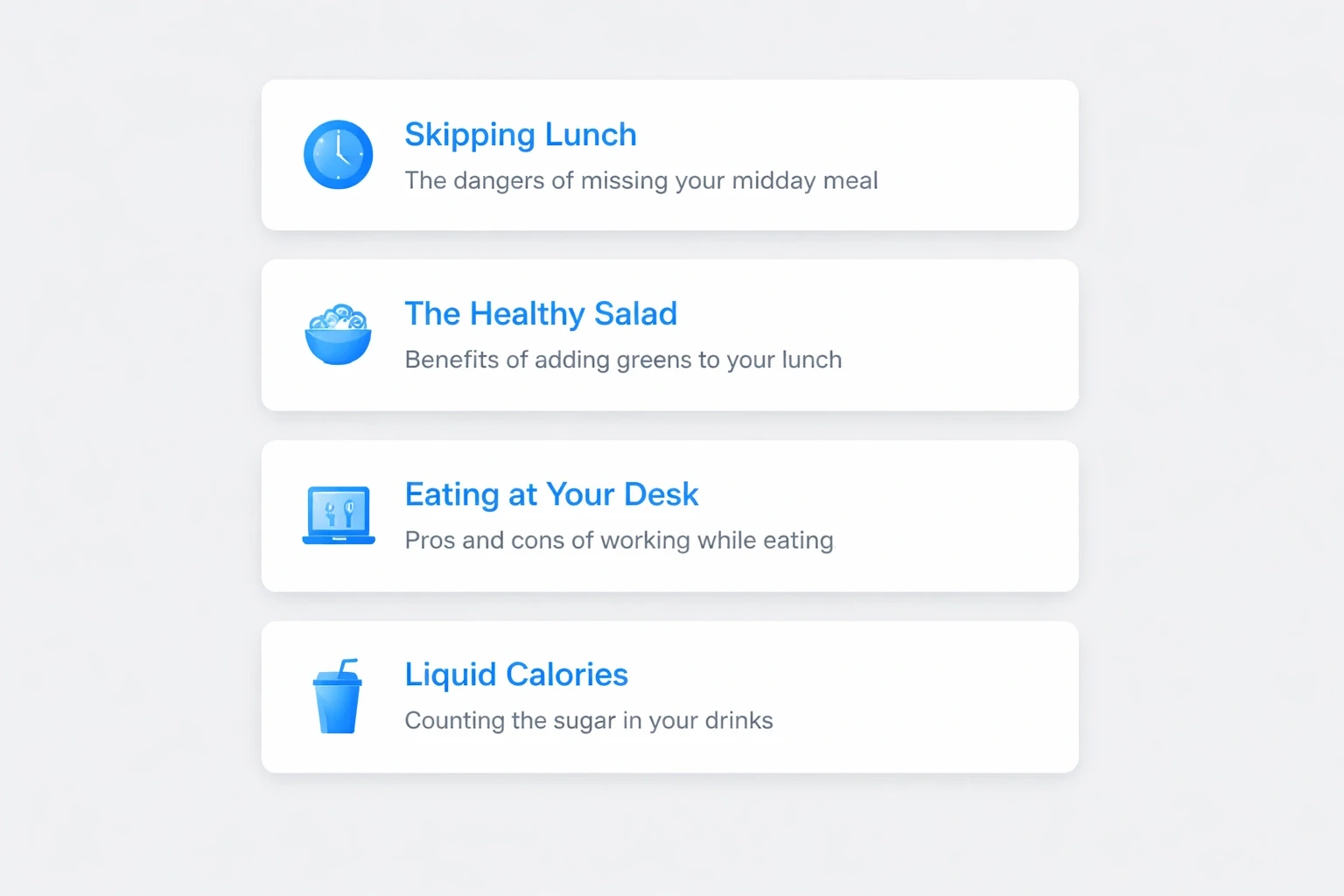 Modern card layout visualizing common lunch mistakes with accent color highlights on a light gray background.