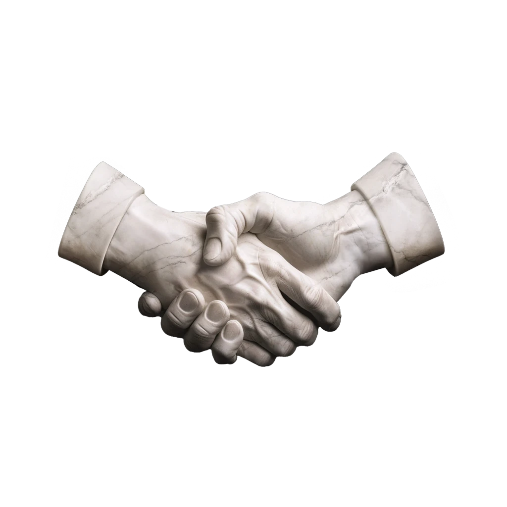 Stretta di mano in marmo che rappresenta la collaborazione tra Z1 Interlink e le PMI, simbolo di fiducia e partnership ingegneristica.