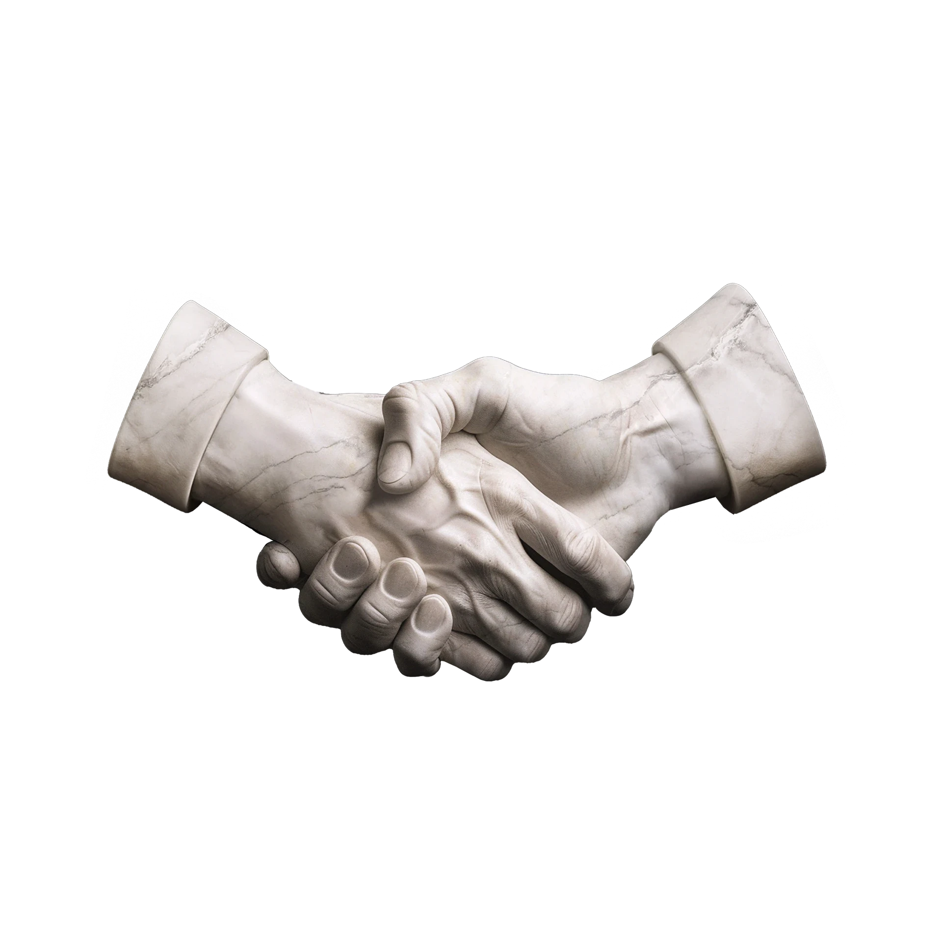 Stretta di mano in marmo che rappresenta la collaborazione tra Z1 Interlink e le PMI, simbolo di fiducia e partnership ingegneristica.