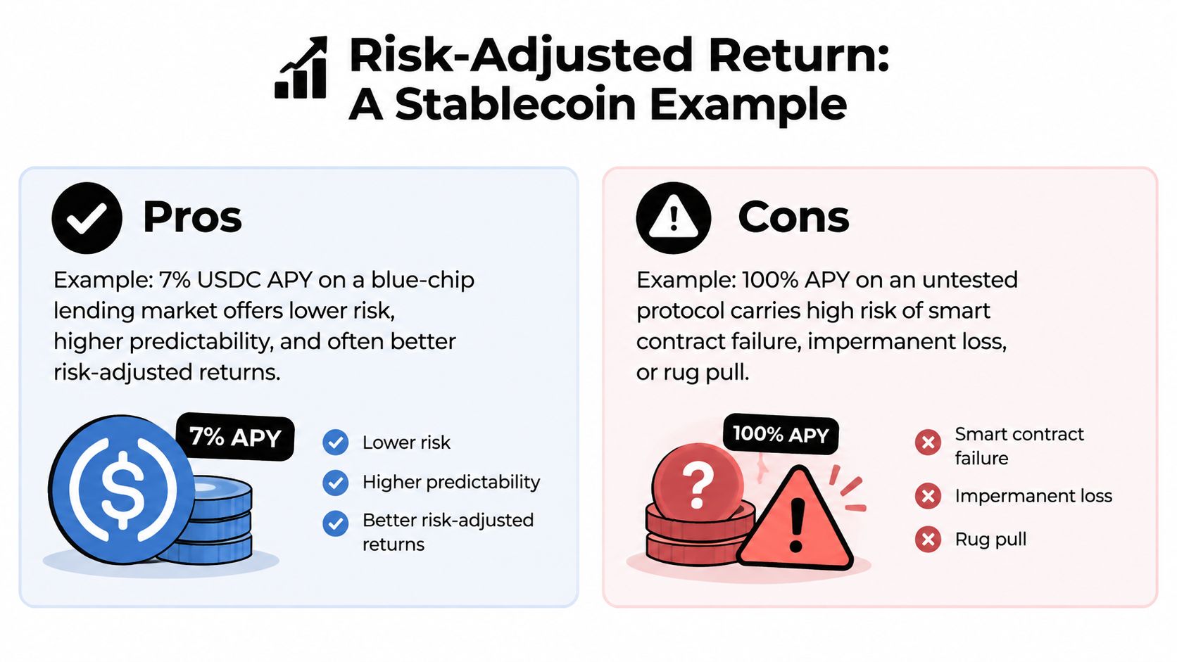 An infographic comparing the risk-adjusted returns of stablecoin investments in safe versus risky protocols.