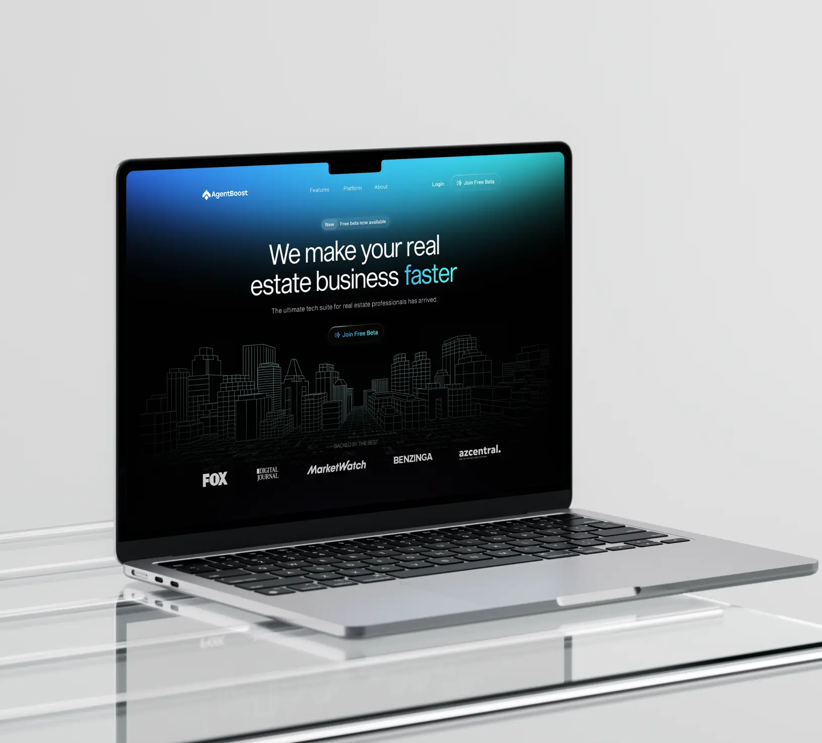 A laptop on a glass table showing a website interface for an AI service