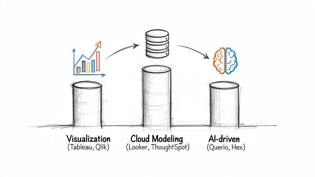 Diagram showing data flow across Visualization, Cloud Modeling, and AI-driven platforms with tool examples.