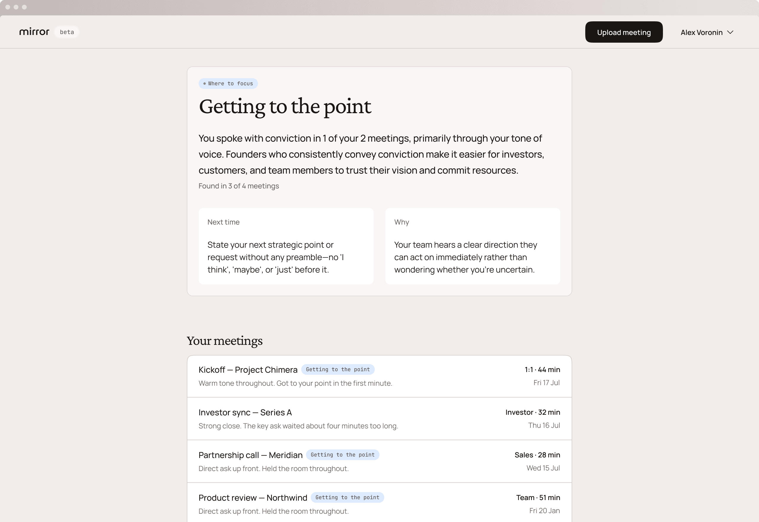 Mirror app interface with the headline ‘Mirror, tell me how I landed’ and an analysis preview card.