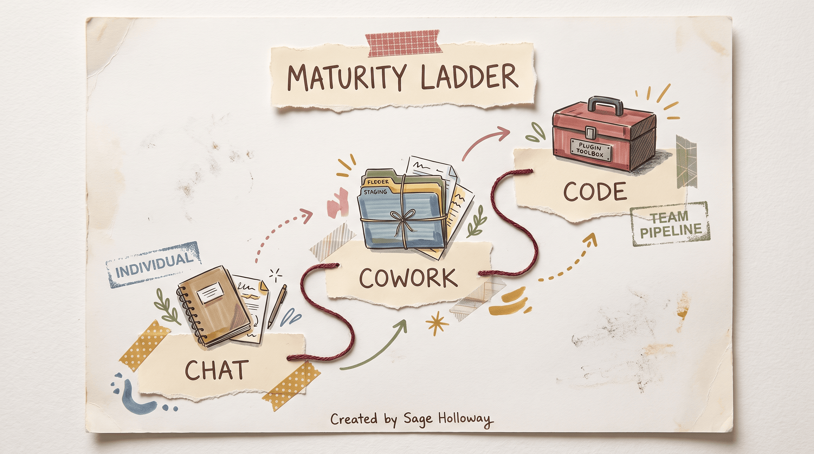 Scrapbook diagram of Chat, Cowork, and Code as three maturity layers for Claude financial analysis