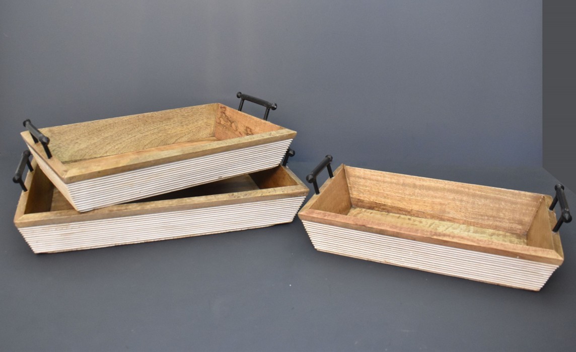 Wooden serving trays with metal handles natural finish