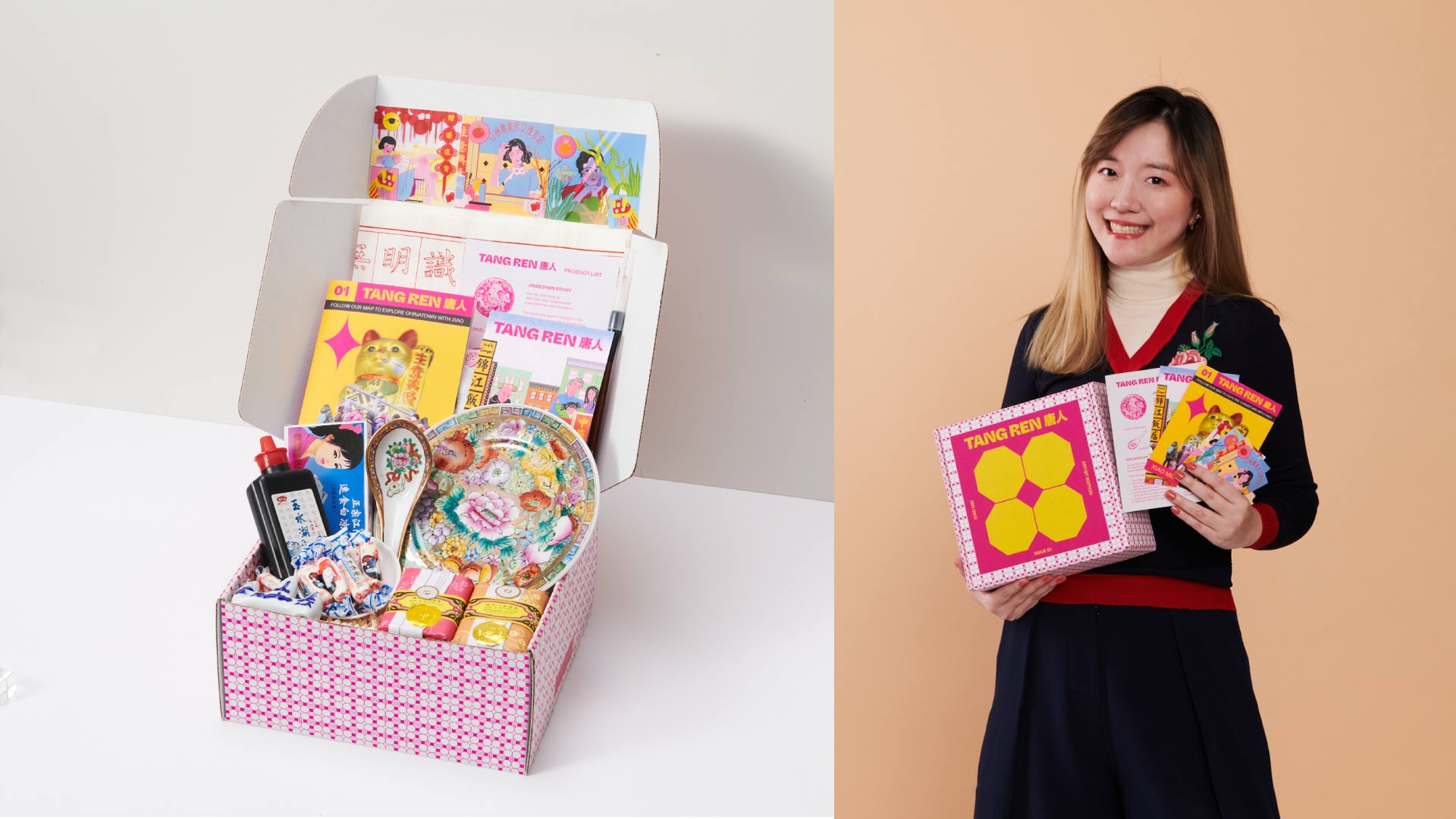 A pink and white checkered box containing various items, including books, stationery, and small decorative objects, is shown on the left side. On the right, a woman in a dark blue dress with red trim holds a pink box decorated with yellow circles. The box has text that reads “TANG REN” on its front. The background is a light peach color.