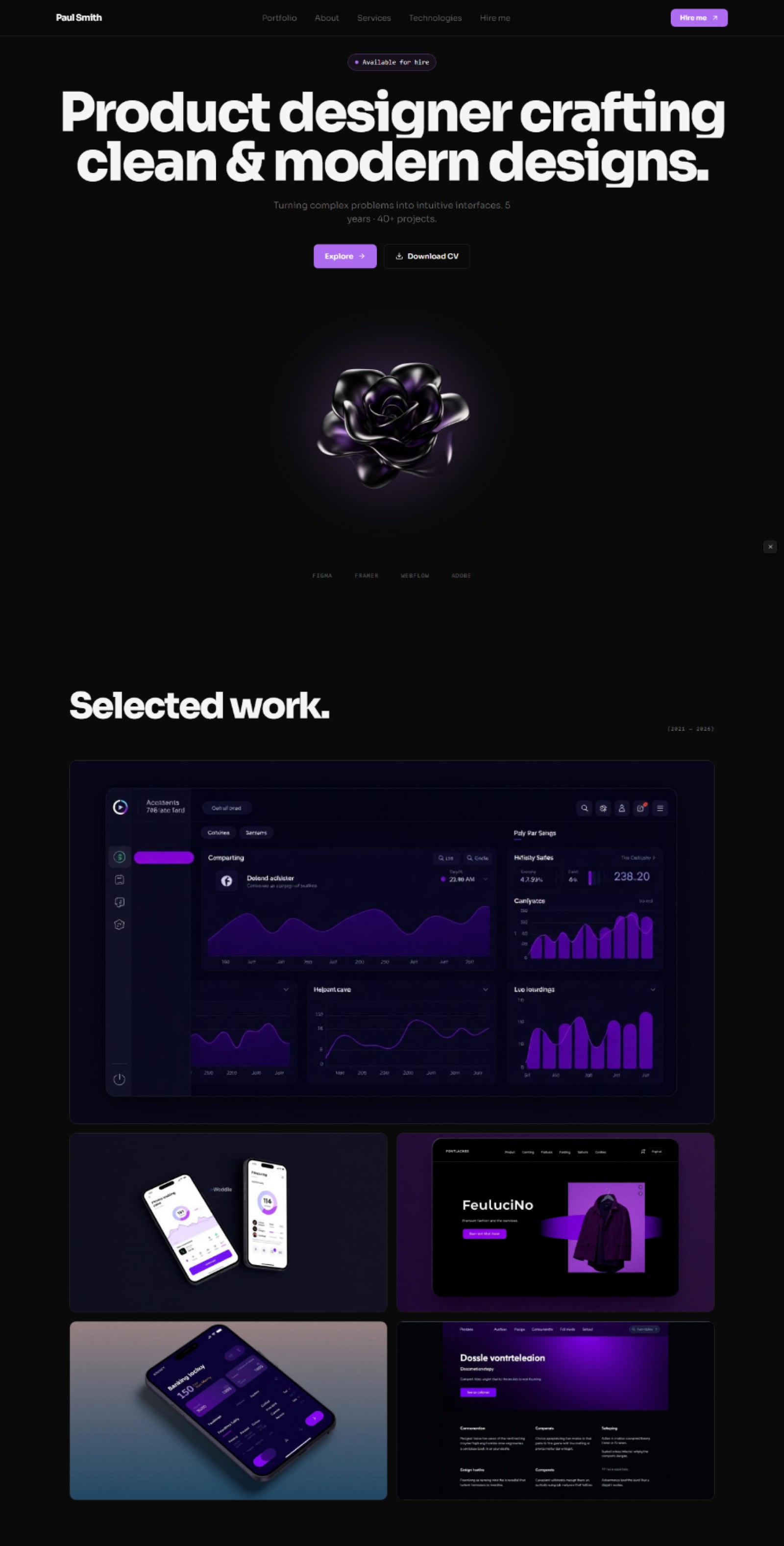 Designer portfolio website prompt — near-black and purple floating 3D object product designer portfolio design preview