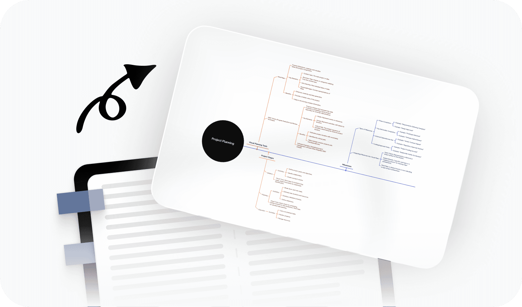 Multiple timeline documents stacked with an arrow icon, representing visual project and milestone planning