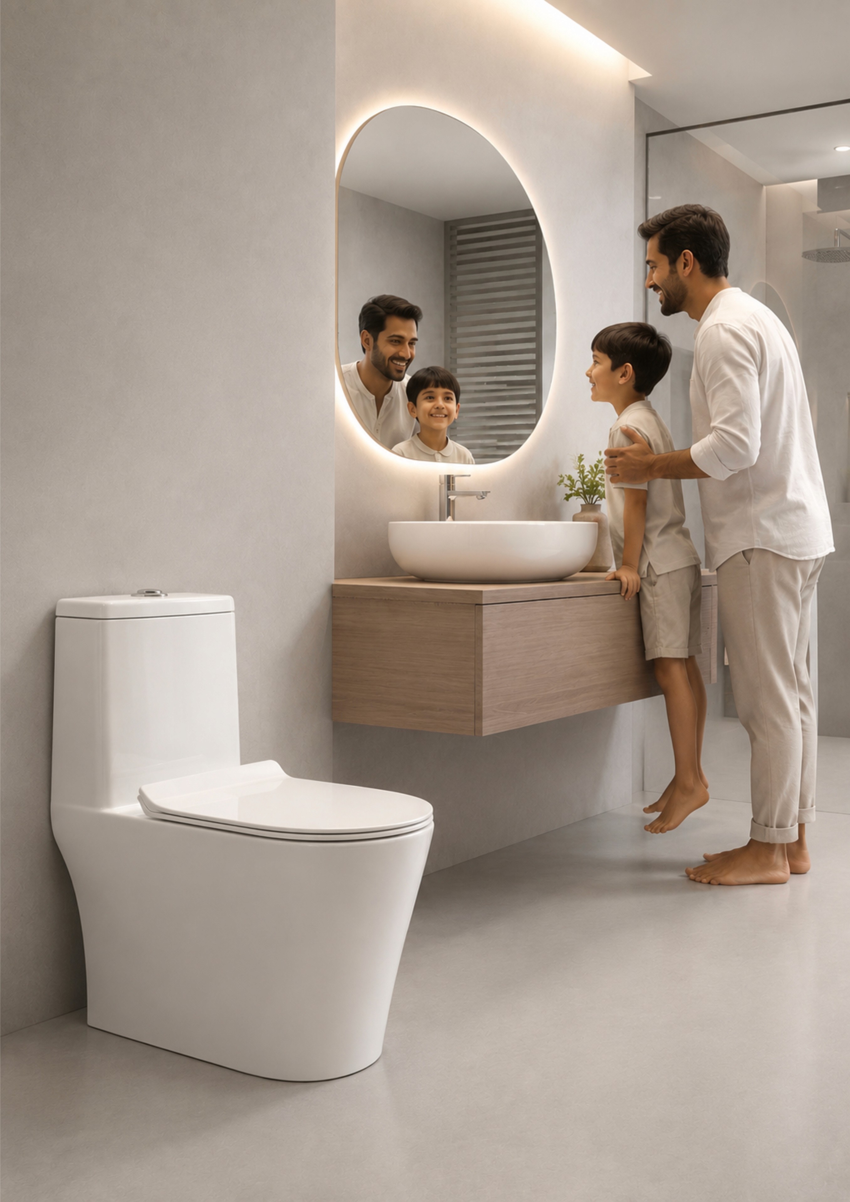A father and son at a Pupa wash basin in a modern bathroom