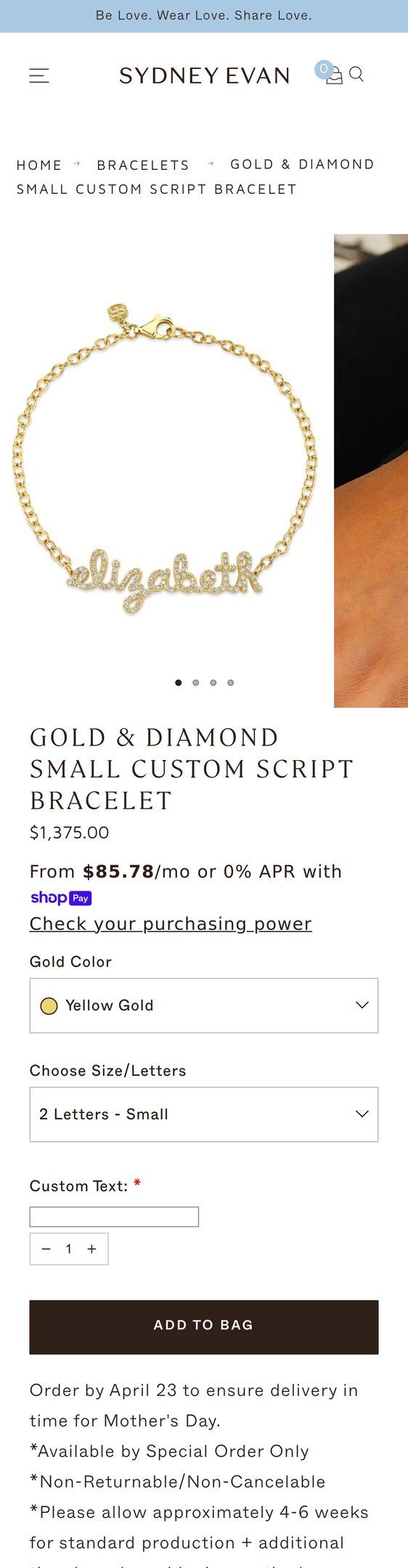 Jewelry product options include: bracelet for Gold & Diamond Small Custom Script Bracelet from Sydney Evan.