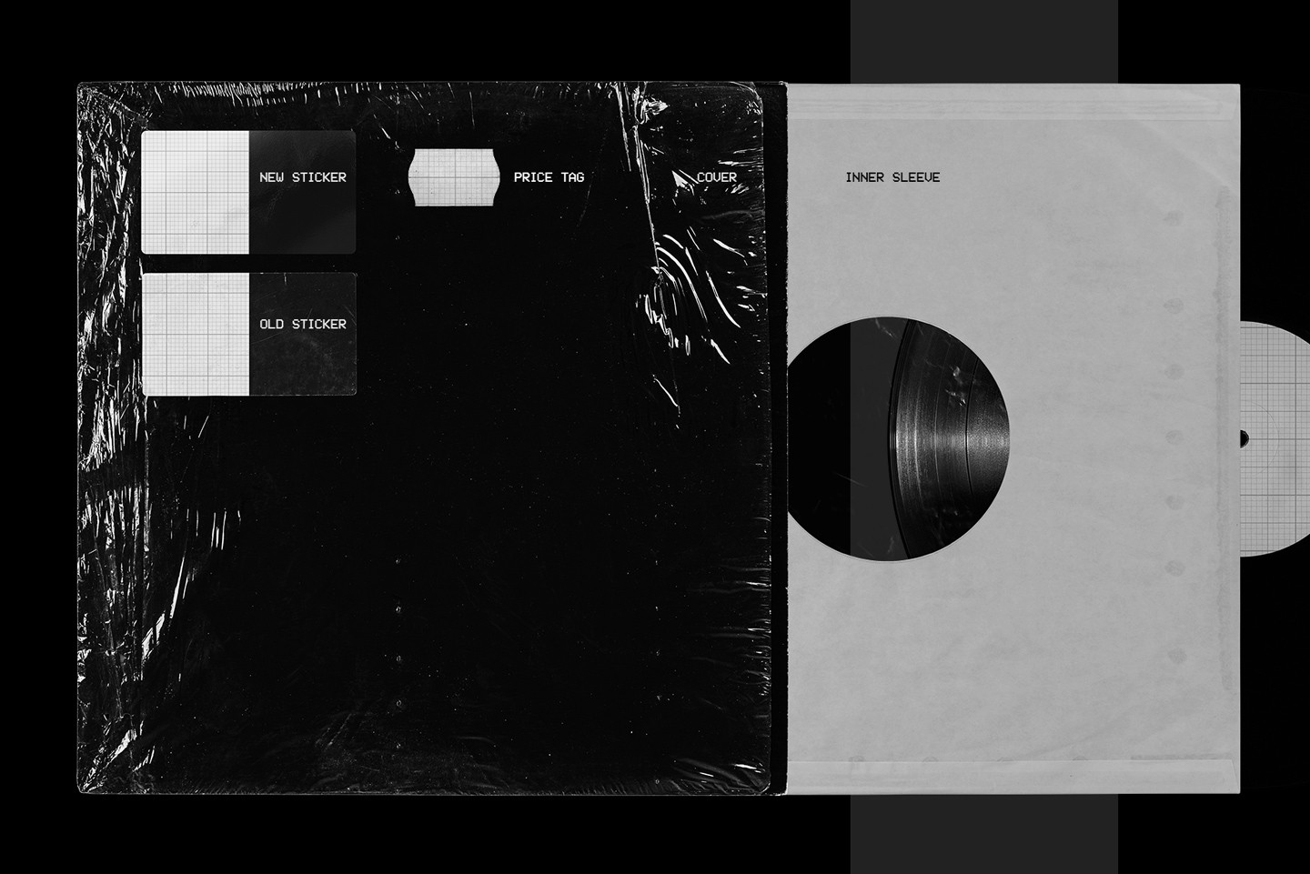 Vinyl record mockup with editable stickers including old label and price tag