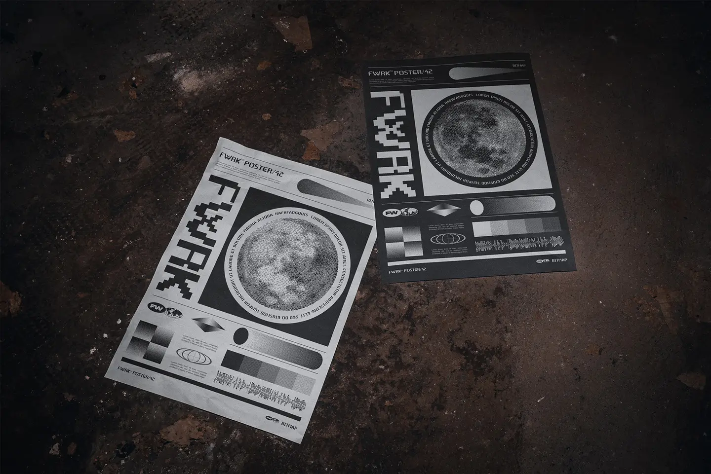 Basement A3 poster mockup displaying graphic poster designs on dusty floor