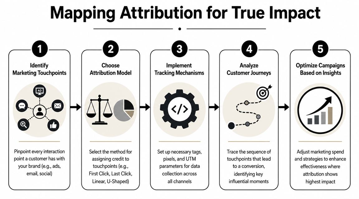 A five-step infographic showing the process of mapping marketing attribution to measure campaign impact and effectiveness.