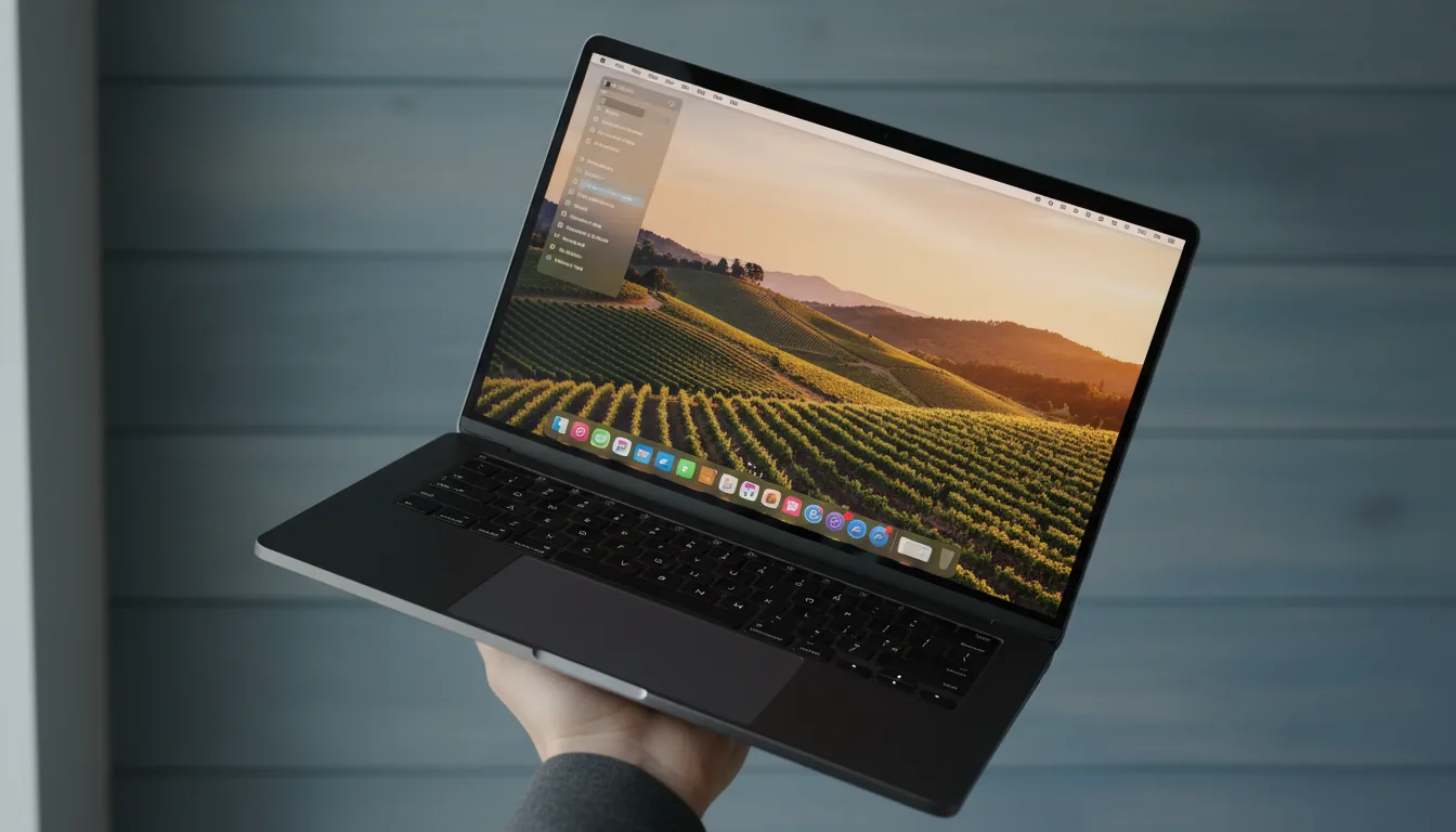 DSLR photography of a modern, open Space Black MacBook Pro held at an angle by a person's hand. The background is a textured, blue-grey wall with horizontal wood grain panels. The scene is lit by soft, natural daylight, creating a clean, sharp focus. The laptop screen displays a vibrant wallpaper of rolling hills and vineyards at golden hour, with abstracted macOS UI elements like a top menu bar and a bottom dock of colorful icons. The matte black keyboard and large trackpad are clearly visible.