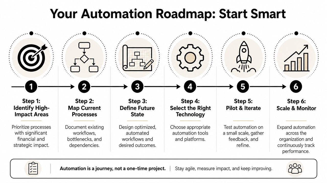 A six-step roadmap for business process automation showing strategic progression from identification to scaling and monitoring performance.