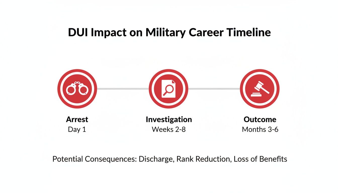 Timeline illustrating DUI impact on military career, showing arrest, investigation, outcome, and potential consequences.