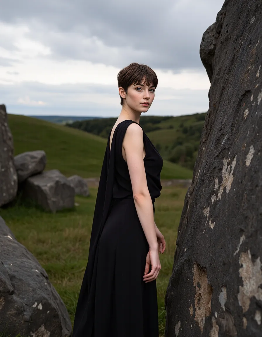 Portrait in black dress standing between ancient stone formations with dramatic cloudy sky and rolling green hills in the background