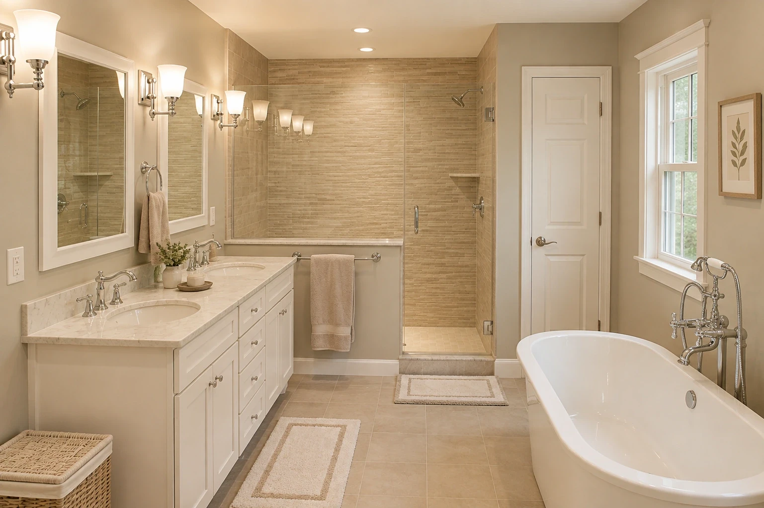 Bright remodeled bathroom with white double vanity, freestanding soaking tub, glass walk-in shower, and neutral tile finishes.