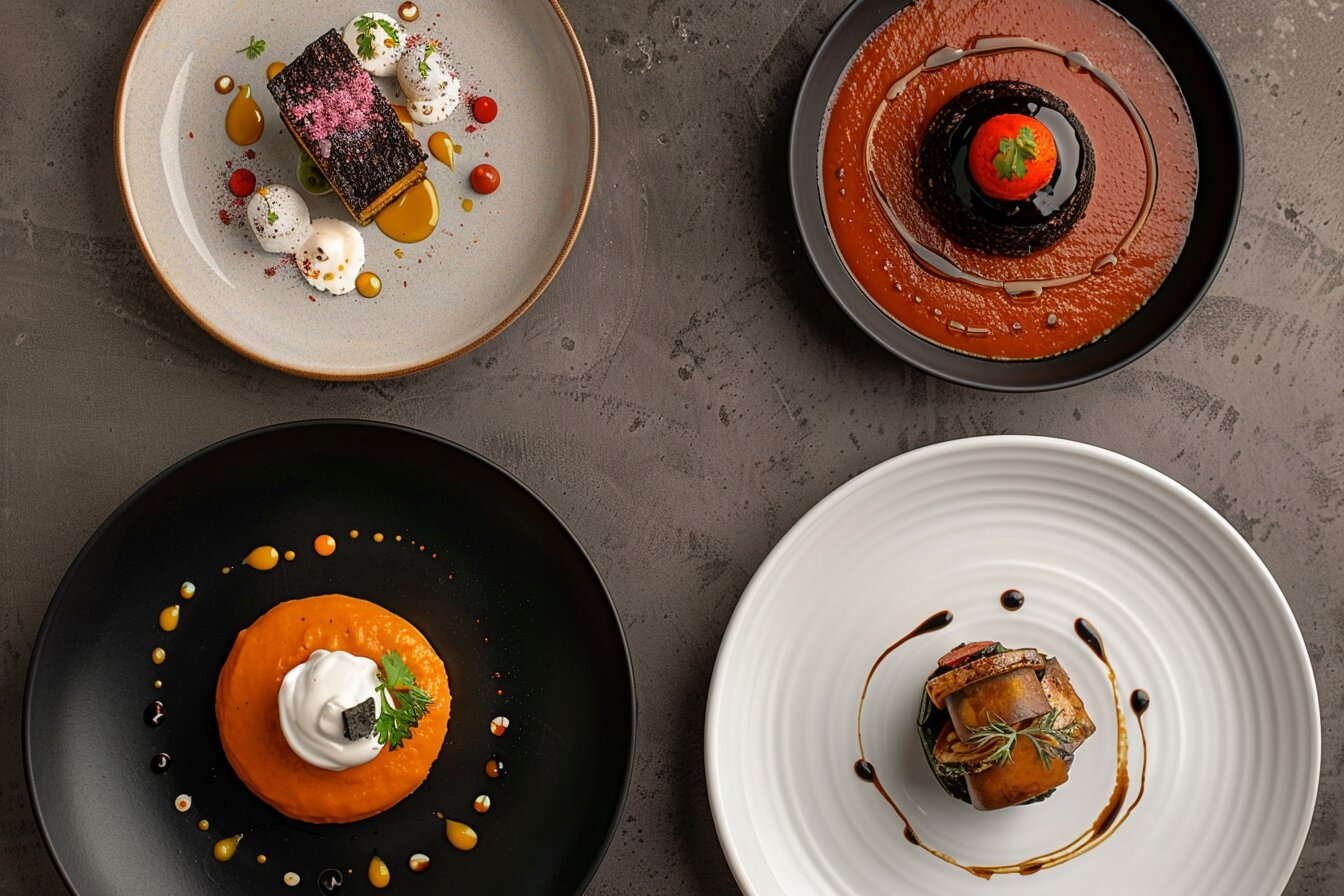 Modern Mexican dishes elegantly plated — mole, pumpkin soup, and tres leches — showcasing Chef Iliana’s signature culinary artistry.