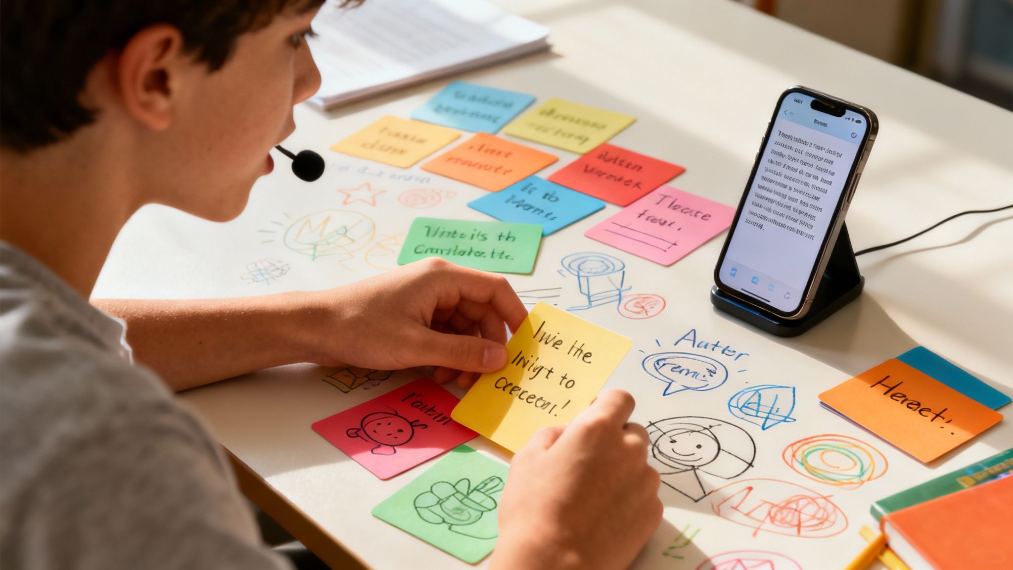 Speak4Me – A student uses their phone to listen to notes while actively engaging with a textbook, demonstrating active learning.