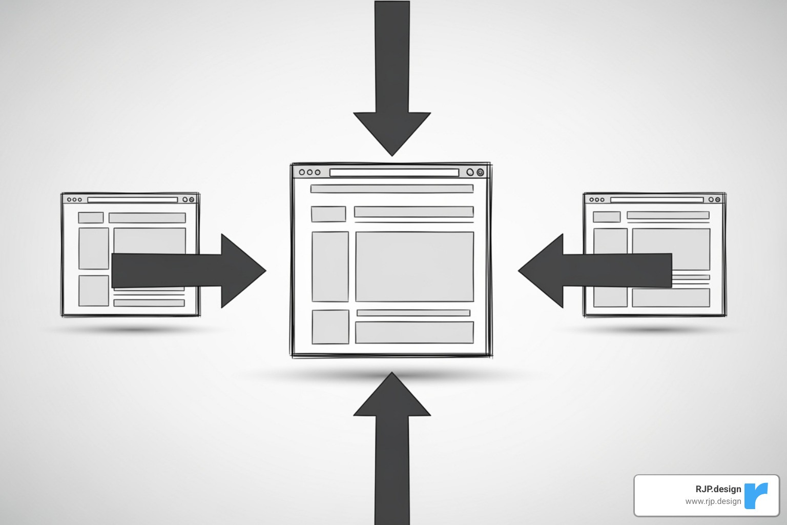 Image illustrating the concept of a canonical tag pointing from duplicate pages to a master page - search engine optimization meta tags