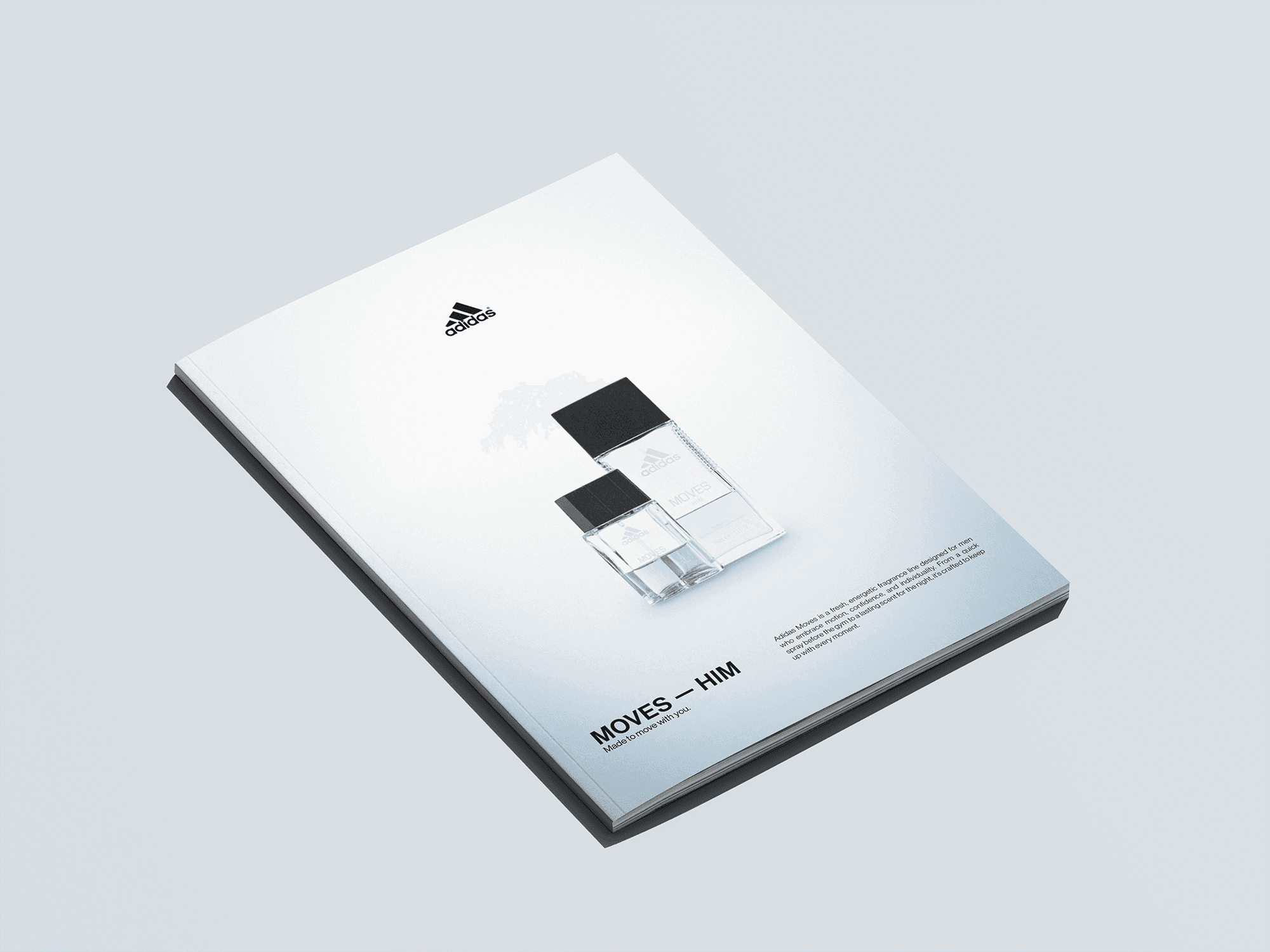 Adidas Moves for Him fragrance sell sheet shown as a printed booklet cover with a product bottle and campaign copy.