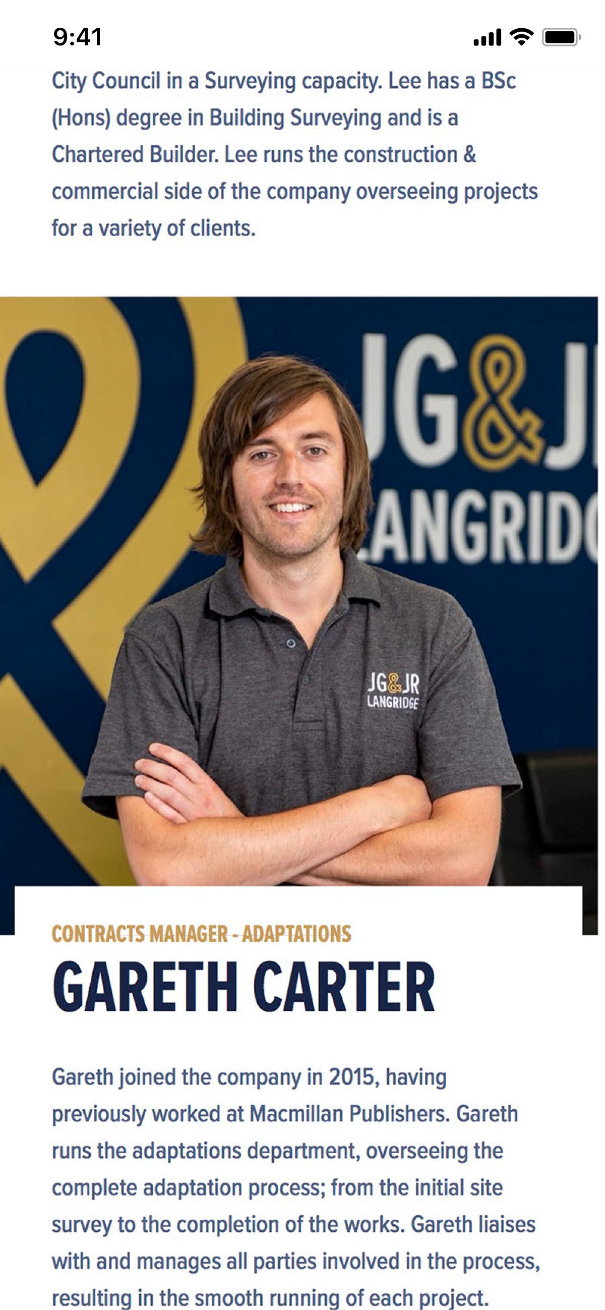 Mobile design of about page for construction company JG & JR Langridge